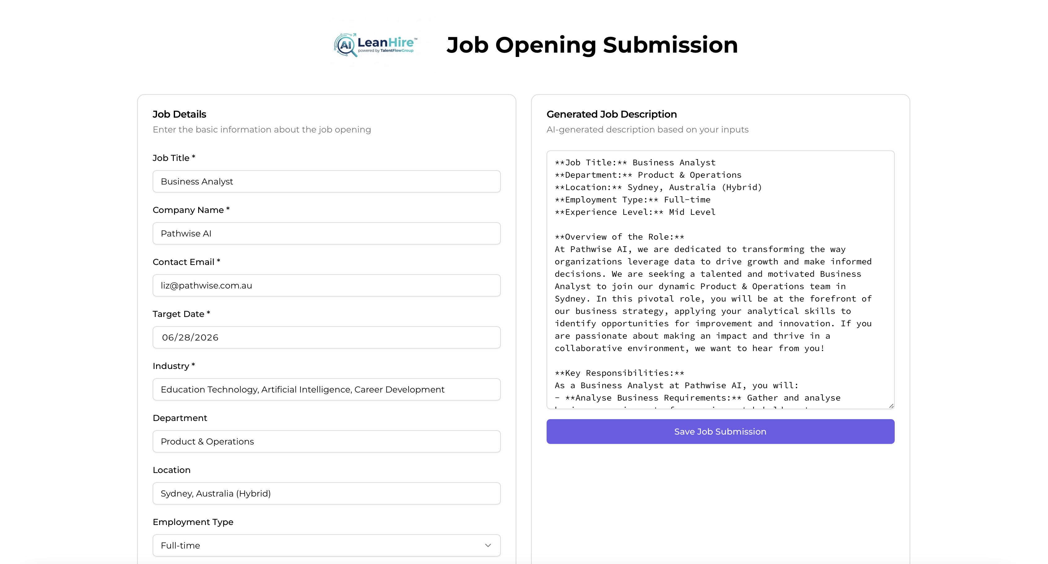 LeanHire Job Opening Submission — AI-generated job description workflow